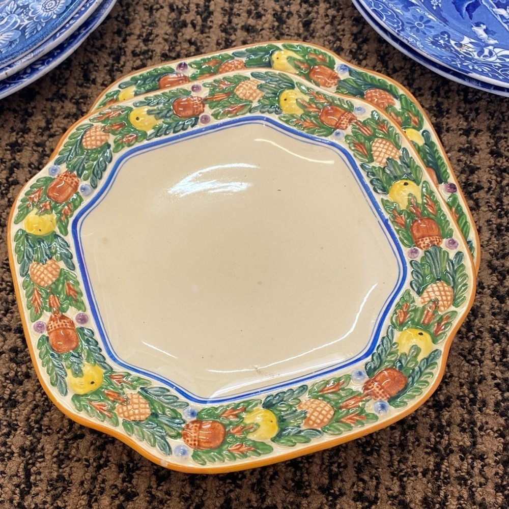 Royal Adams Titian Ware Della Robia Square Hand Painted England Salad Plates (4)